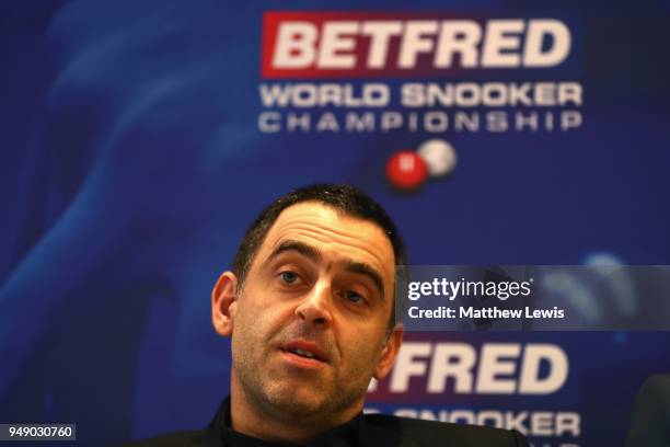 Ronnie O'Sullivan of England speaks to the media during a media day ahead of the World Snooker Championships at Crucible Theatre on April 20, 2018 in...