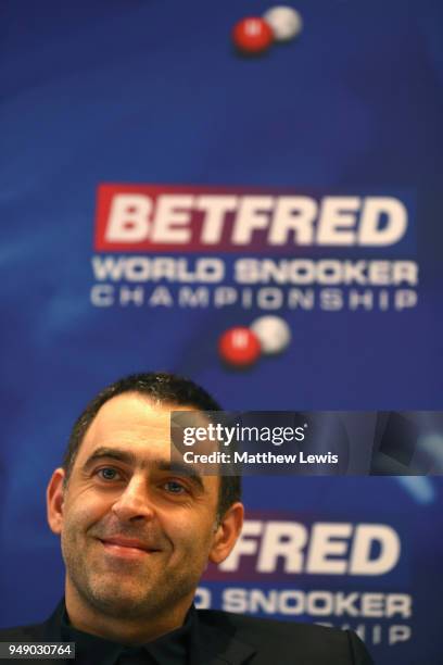 Ronnie O'Sullivan of England speaks to the media during a media day ahead of the World Snooker Championships at Crucible Theatre on April 20, 2018 in...