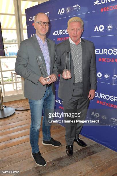 Matthias Stach and Boris Becker attend the Eurosport press conference with Boris Becker at MTTC IPHITOS on April 20, 2018 in Munich, Germany.
