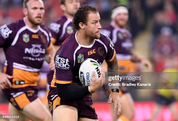 Korbin Sims of the Broncos runs with the ball during the round seven NRL match between the Brisbane Broncos and the Melbourne Storm at Suncorp...