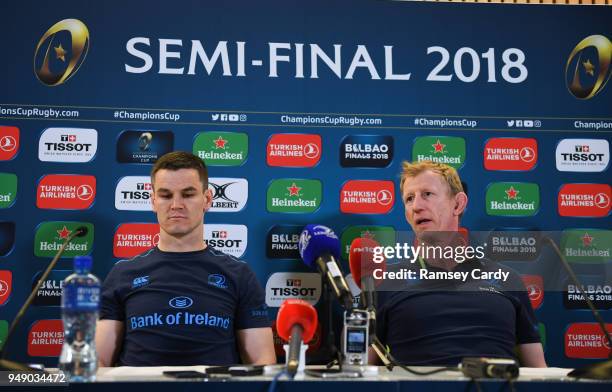 Dublin , Ireland - 20 April 2018; Jonathan Sexton, left, and head coach Leo Cullen during a Leinster Rugby press conference at the Aviva Stadium in...