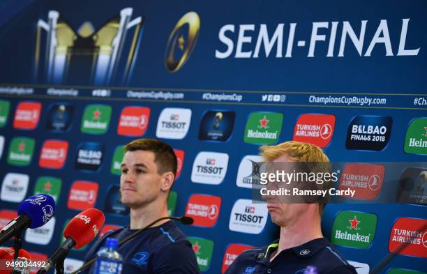Dublin , Ireland - 20 April 2018; Jonathan Sexton, left, and head coach Leo Cullen during a Leinster Rugby press conference at the Aviva Stadium in...