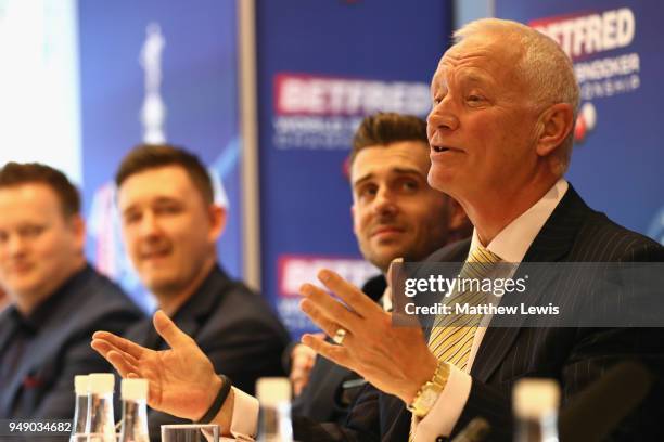 Barry Hearn, Chairman of World Snooker, speaks to the media during a media day ahead of the World Snooker Championships at Crucible Theatre on April...