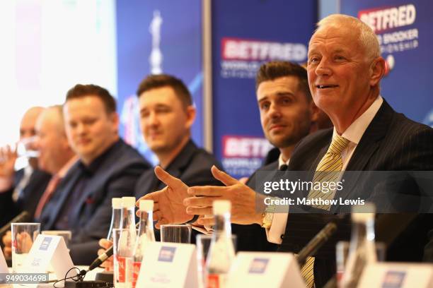 Barry Hearn, Chairman of World Snooker, speaks to the media during a media day ahead of the World Snooker Championships at Crucible Theatre on April...