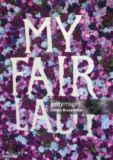 Signage at the opening night arrivals for Lincoln Center Theater's production of "My Fair Lady" on Broadway at The Vivian Beaumont Theater on April...