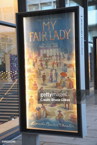 Signage at the opening night arrivals for Lincoln Center Theater's production of "My Fair Lady" on Broadway at The Vivian Beaumont Theater on April...