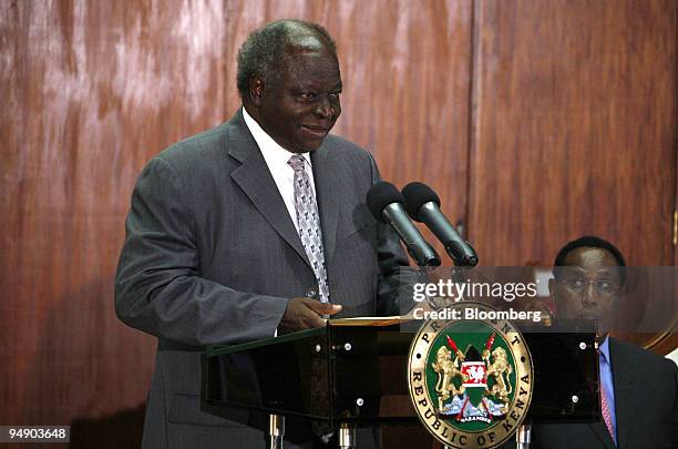 Mwai Kibaki, Kenya's president, speaks at the press conference in Nairobi, Kenya, on Wednesday, Jan. 30, 2008. Violence in western Kenya amounts to...