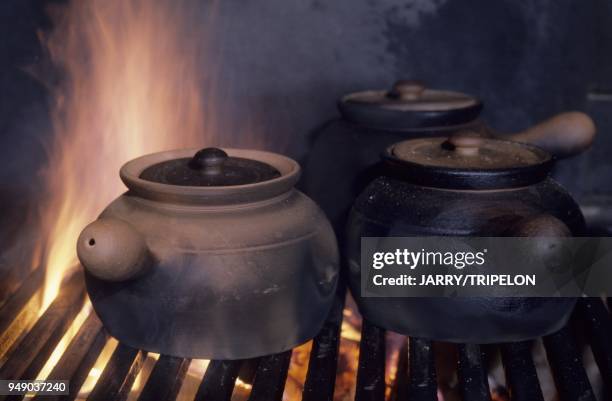 Cuisine dans poelons a l Auberge Le Pre Catin, Bonneval-sur-Arc, village situe a 1800 m et classe plus beau village de France , Haute-Maurienne, parc...