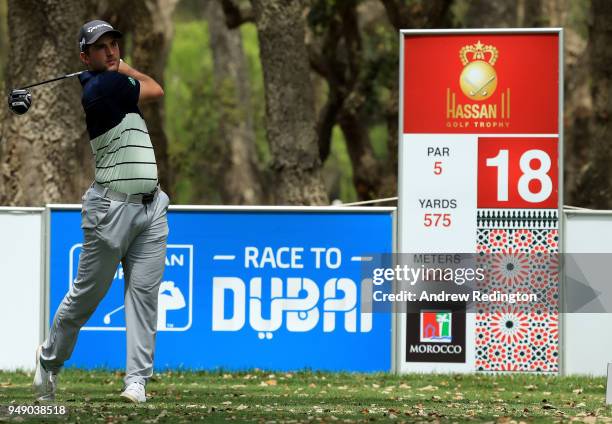 Bradley Neil of Scotland on the 18th tee during the second round of the Trophee Hassan II at Royal Golf Dar Es Salam on April 20, 2018 in Rabat,...