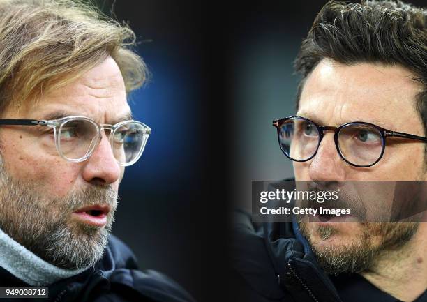 In this composite image a comparison has been made between Jurgen Klopp, Manager of Liverpool and Head Coach of AS Roma Eusebio Di Francesco....