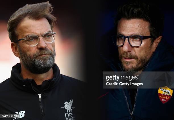In this composite image a comparison has been made between Jurgen Klopp, Manager of Liverpool and Head Coach of AS Roma Eusebio Di Francesco....
