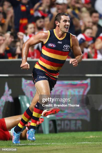 Taylor Walker of the Crows celebrates kicking a goal during the round five AFL match between the Sydney Swans and the Adelaide Crows at Sydney...