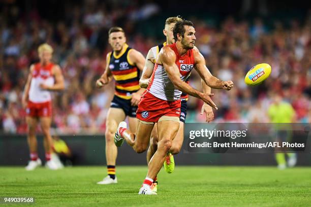 Josh Kennedy of the Swans passes the ball during the round five AFL match between the Sydney Swans and the Adelaide Crows at Sydney Cricket Ground on...