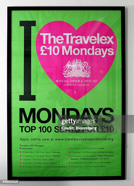 Poster advertising 10 pound Mondays at the Royal Opera House can be seen at the at the Travelex offices in Kingsway, London WC2, England, on August...