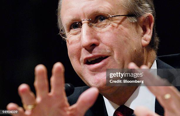 David M. Walker, Comptroller of the Unite States Gerneral Accounting Office, left, testifies before the Senate Budget Committee in Washington D.C.,...