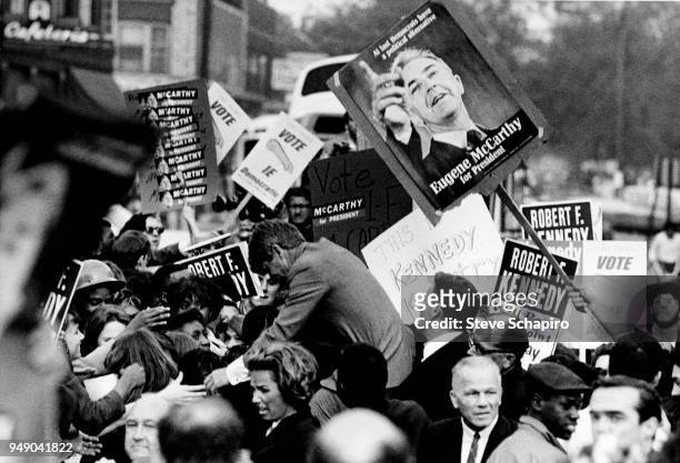 American politician US Senator Robert F Kennedy shakes the hands of supporters during his campaign for the presidency, Indiana, 1960s. Visible among...