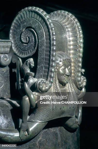 Cote d'Or, the Treasure of the Princess of Vix at the Chatillonnais Museum in Chatillon-sur-Seine. Detail of the crater with curling, bronze handles...