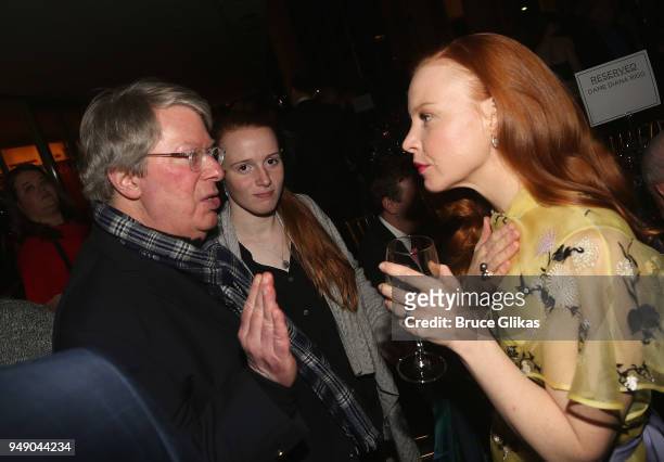 Lincoln Center Theater Producing Artistic Director Andre Bishop, daughter Katie Bishop and Lauren Ambrose chat at the opening night after party for...