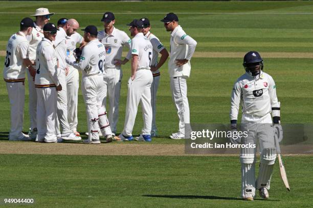 Durham players celebrate taking the wicket of Daniel Bell-Drommondof of Kent during day one of the SpecSavers County Championship Division Two match...