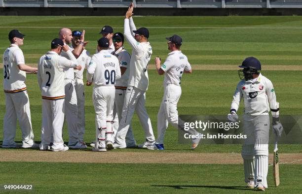 Durham players celebrate taking the wicket of Daniel Bell-Drommondof of Kent during day one of the SpecSavers County Championship Division Two match...