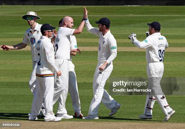 Durham players celebrate taking the wicket of Daniel Bell-Drommondof of Kent during day one of the SpecSavers County Championship Division Two match...