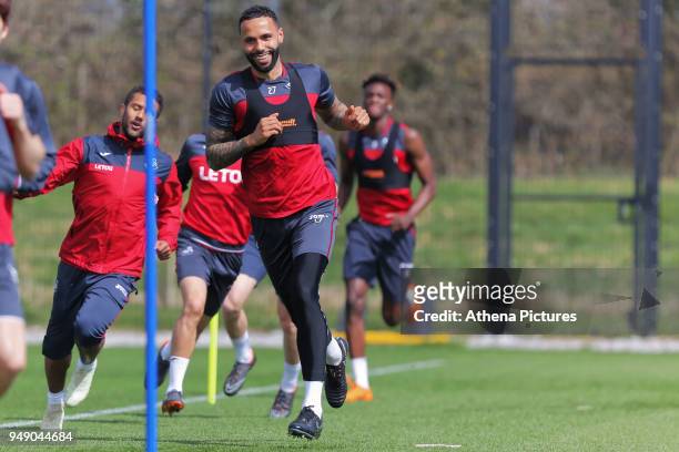 Kyle Bartley in action during the Swansea City Training at The Fairwood Training Ground on April 19, 2018 in Swansea, Wales.
