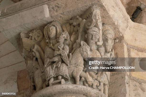 Saint-Benoit-sur-Loire Benedictine abbey, in Roman architectural style. Representation of the Flight into Egypt, on a capital of the steeple-porch....