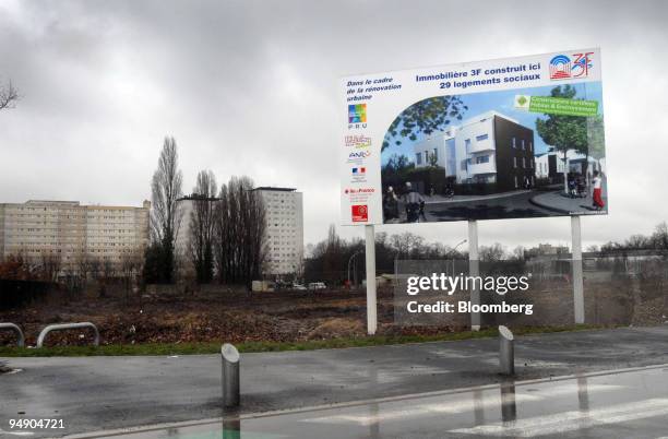 Billboard announces the construction of new housing in the suburb of Clichy-sous-Bois, in Paris, France, on Wednesday, Jan. 30, 2008. It's been over...