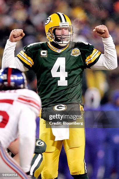 Brett Favre, quarterback for the Green Bay Packers, calls out plays during the NFC Championship game against the New York Giants in Green Bay,...