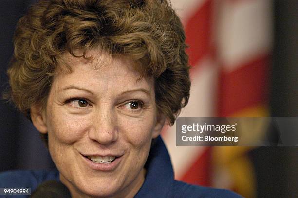 Space Shuttle Discovery Commander Eileen Collins speaks during a news conference at Edwards Airforce Base, California,Tuesday August 9, 2005....