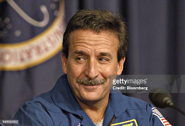 Space Shuttle Discovery Mission Specialist-5 Charles Camarda speaks during a news conference at Edwards Airforce Base, California,Tuesday August 9,...