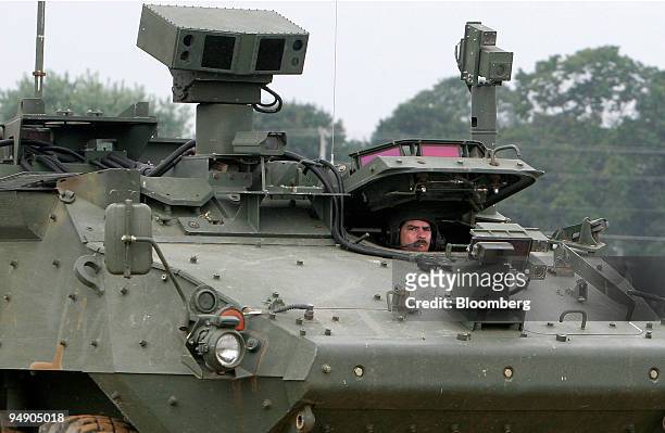 Stryker Armored Vehicle equipped with General Dynamics Robotic Systems travels a road course in Westminster, Maryland on August 9, 2005. General...
