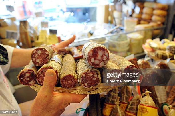 Selection of salami on display at the Volpetti delicatessen in the Testaccio area of Rome, Italy, on Thursday, April 10, 2008. European inflation...