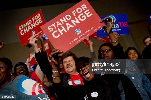 Supporters of Barack Obama, U.S. Senator from Illinois and 2008 Democratic presidential candidate, cheer after he is named the winner of the South...