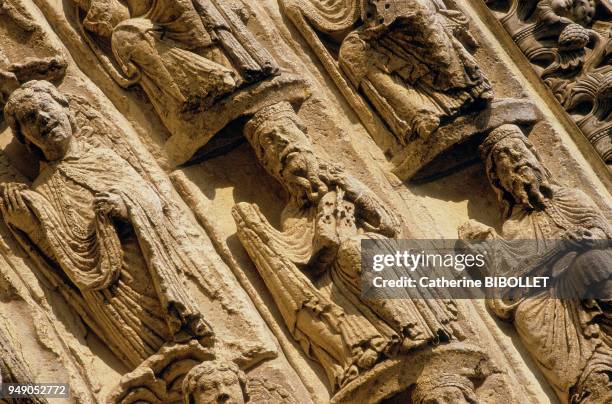 Chartres, the cathedral. To the west, between the two towers topped with spires, the Royal Portal was spared from the fire of 1194. Masterpiece of...