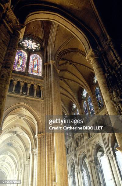 Chartres, the cathdral. Spanning 130 meters lengthwise, 13 meters in width between the pillars and 37 meters in height under the vaults, the nave is...