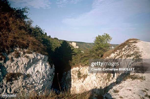 Val-d'Oise, the chalk cliffs at La Roche-Guyon. Ile-de-France: Val-d'Oise, les falaises de craie de La Roche-Guyon et le Donjon.