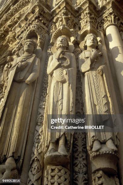 Chartres, the cathedral. To the west, between the two towers topped with spires, the Royal Portal was spared from the fire of 1194. Masterpiece of...