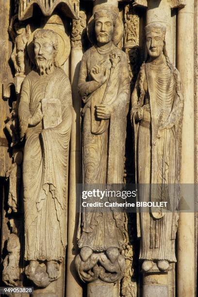 Chartres, the cathedral. To the west, between the two towers topped with spires, the Royal Portal was spared from the fire of 1194. Masterpiece of...