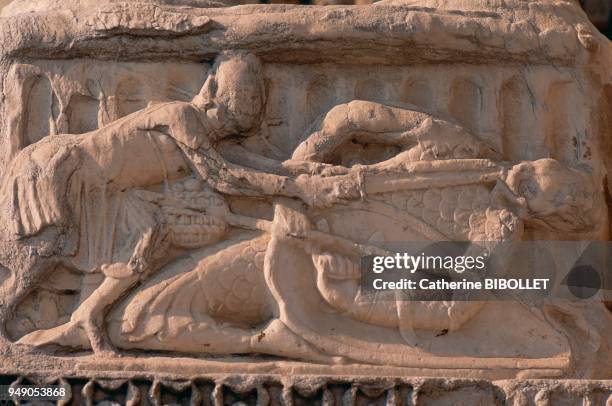 Gard, Saint-Gilles, the church's portal, it offers the greatest sculpted ensemble of the Roman era in the Languedoc region. Its theme is the life of...