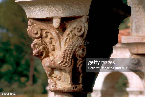 Restitution of the cloister of Saint Michel de Cuxa Abbey in Codalet. The capitals are sculpted from pink marble of Villefranche-de-Conflent . Pays...