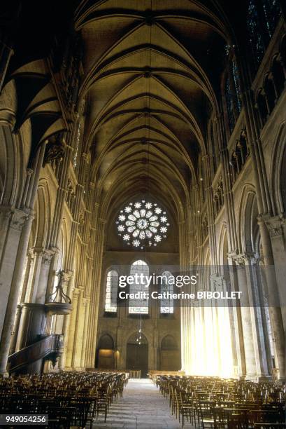 Chartres, the cathdral. Spanning 130 meters lengthwise, 13 meters in width between the pillars and 37 meters in height under the vaults, the nave is...