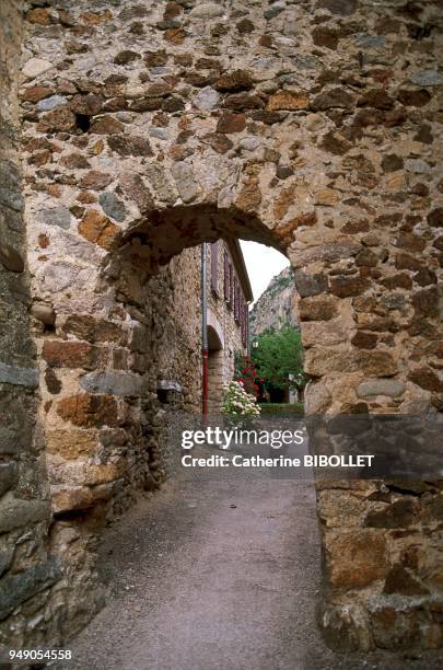 Narrow street in the village of Villefranche-de-Conflent seen through a gate built in the ramparts. The houses, essentially made of pink marble, have...