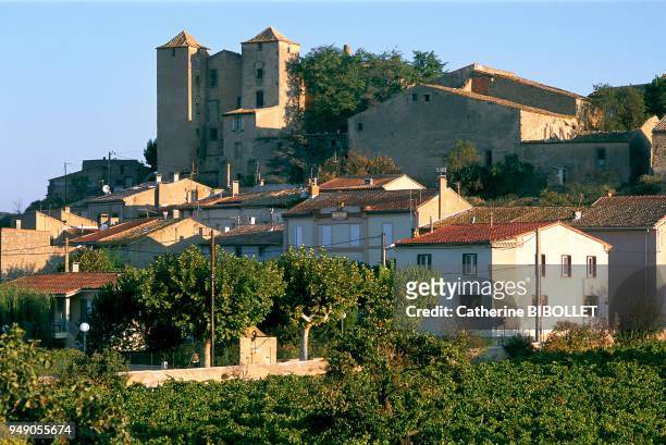 The castle of Argens-Minervois overlooks the neighboring water flows of the canal and the Aude River, whose waters seem to go out to sea. Pays...