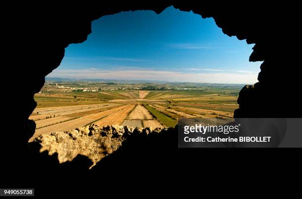 The view from the archaeological site Enserune, on the ancient pond of Montady which dried-up in the 13th century, in the Minervois region . Pays...