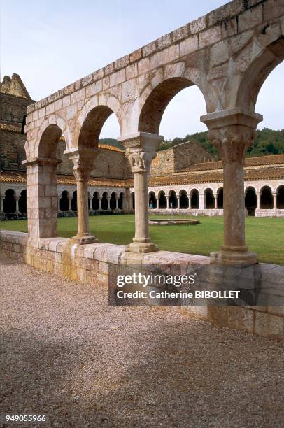 Restitution of the cloister of Saint Michel de Cuxa Abbey in Codalet. The capitals are sculpted from pink marble of Villefranche-de-Conflent . Pays...