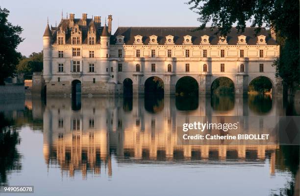 Chenonceaux Castle on the Cher. Completely destroyed in 1411 except for the dungeon, it was replaced in 1513 by a simple residence on water, which...