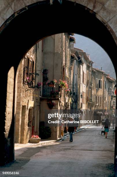 Narrow street in the village of Villefranche-de-Conflent seen through a gate built in the ramparts. The houses, essentially made of pink marble, have...