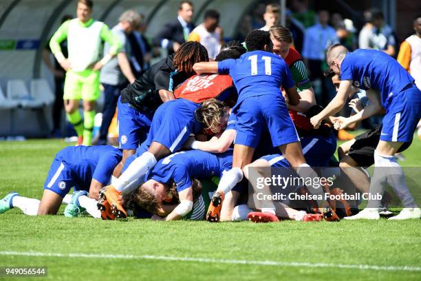 The Chelsea team celebrates winning after a penalty shoot out during the Chelsea FC v FC Porto - UEFA Youth League Semi Final at Colovray Sports...