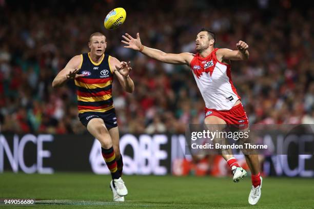 Heath Grundy of the Swans contests the ball Sam Jacobs of the Crows during the round five AFL match between the Sydney Swans and the Adelaide Crows...